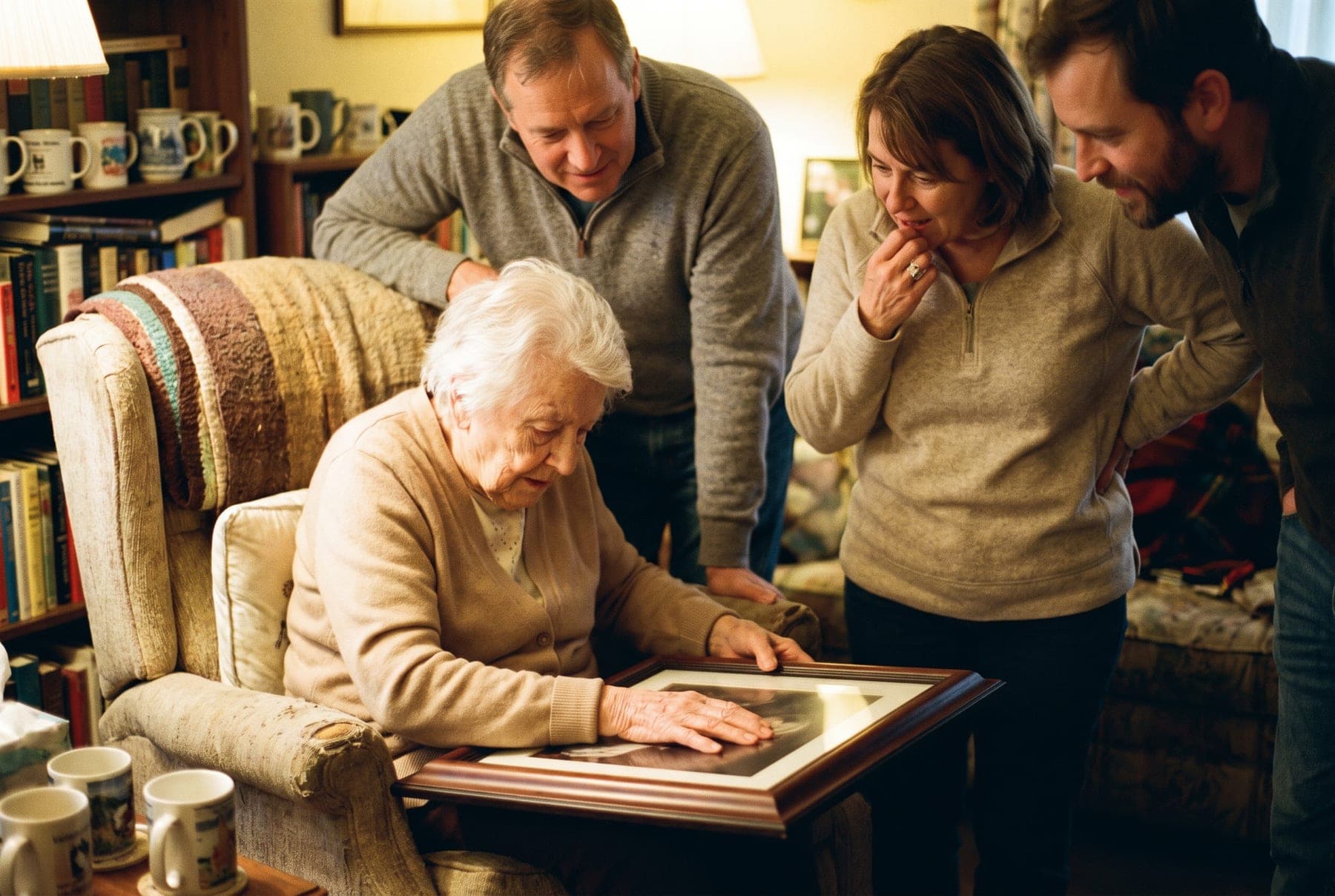 An older woman holding a framed piece on her lap, her family watching her